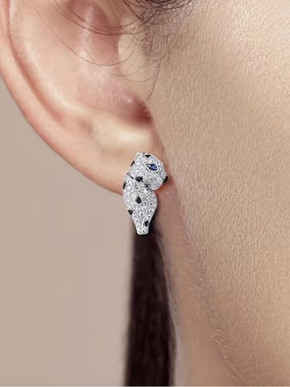 Panther Inspired Pavé Crystal Leopard Head Earrings - Silver with Blue Accents.
